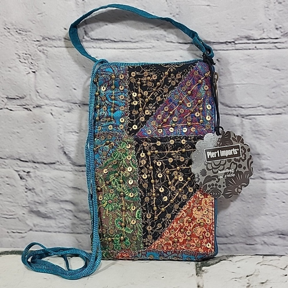 Pier 1 Imports Handbag Sequined Patchwork Boho Cellphone Clutch Made‎ In India